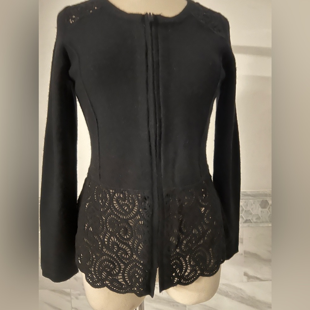 Anthropologie Wool Front Zipper Lace Black Sweater Jacket Sz S